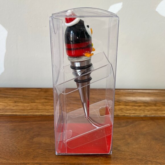 Pier 1 Glass Penguin Wine Bottle Stopper Christmas Santa Hat White Elephant Gift - Picture 6 of 7